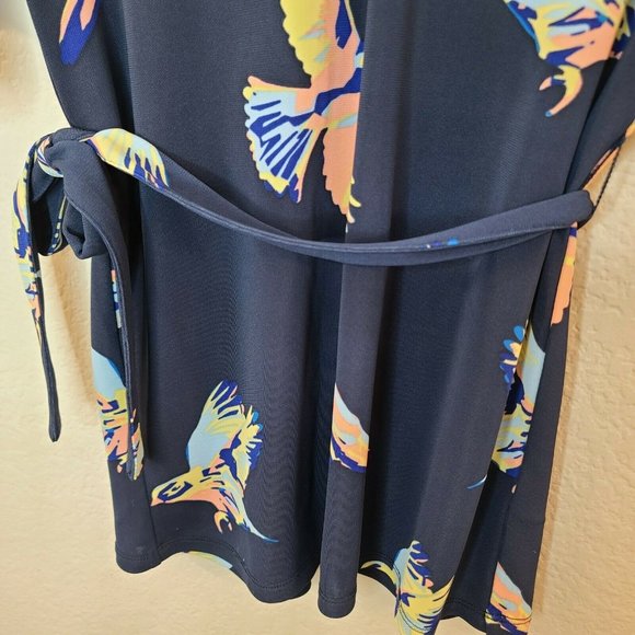 Deletta Top Women XS Petite Navy Bird Novelty Print Knit Dolman Sleeve Tie Waist - Picture 6 of 12